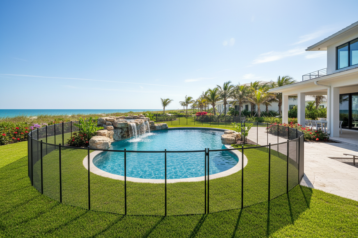 Swimming pool with a fence in a backyard with a house and ocean view.